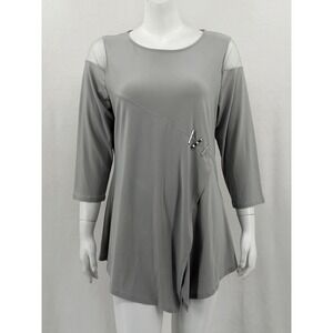 IC By Connie K Top Womens Large Gray Tunic Mesh Detail 3/4 Sleeve Lagenlook